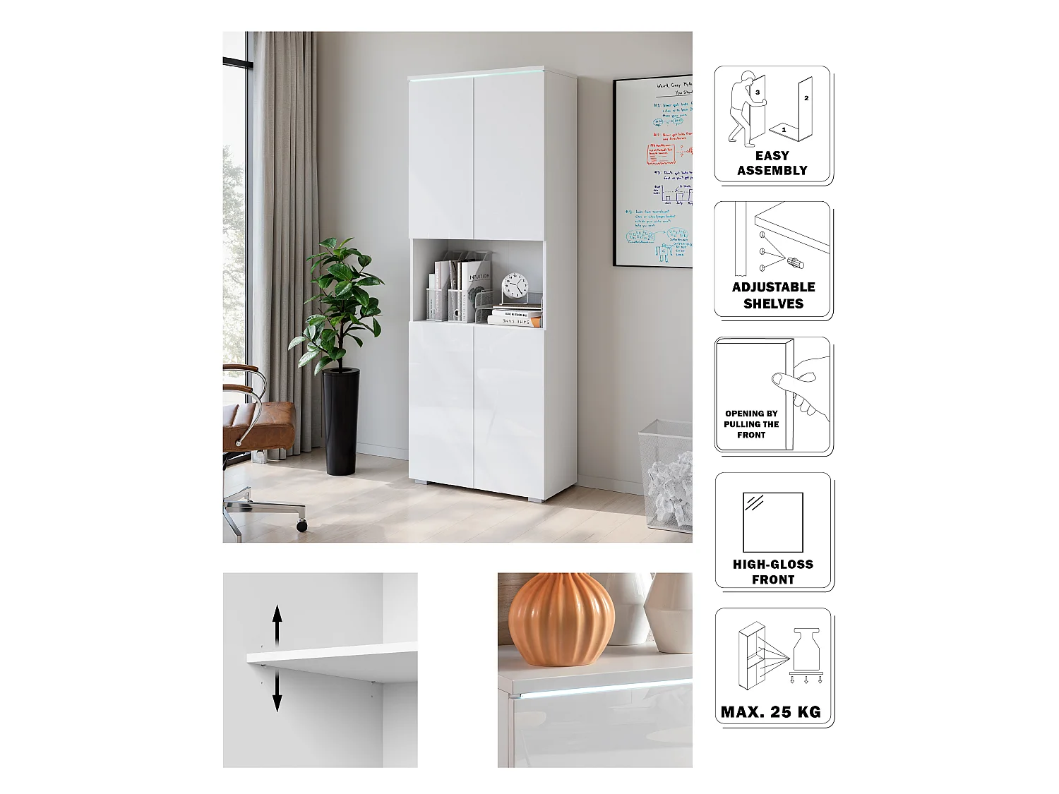 Aktenschrank MINIO go for it VEVE OFFICE 70 mit LED-Beleuchtung, Weiß / Hochglanz Weiß, 1 Stück.
