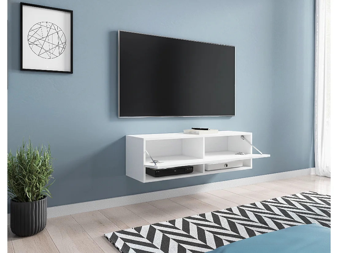 TV-meubel 100x30x33 cm, laag model, met deuren en open vakken, kleur: mat wit / hoogglans wit