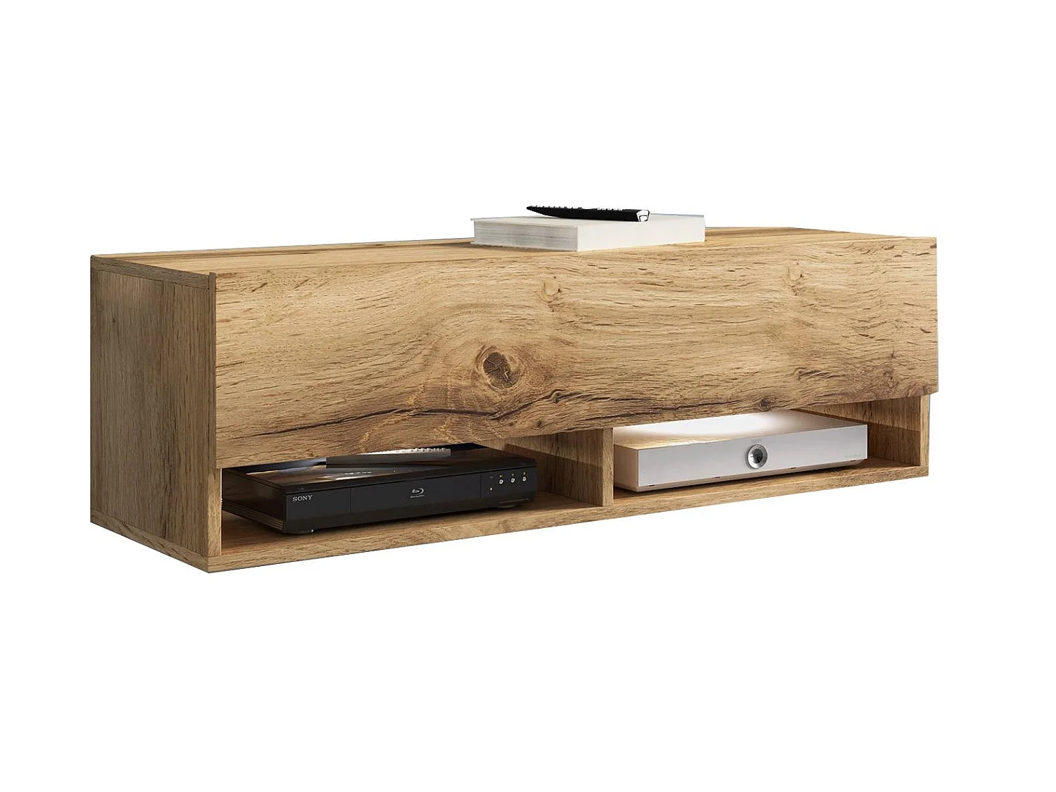 TV-Schrank 100x30x33 cm, Lowboard, mit Türen und Offene Nischen, Farbe: Wotan Eiche - mit LED Beleuchtung