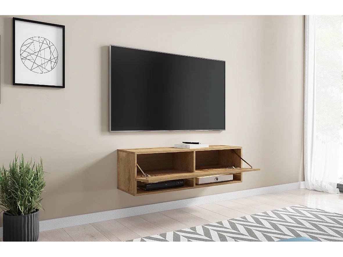 TV-Schrank 100x30x33 cm, Lowboard, mit Türen und Offene Nischen, Farbe: Wotan Eiche - mit LED Beleuchtung