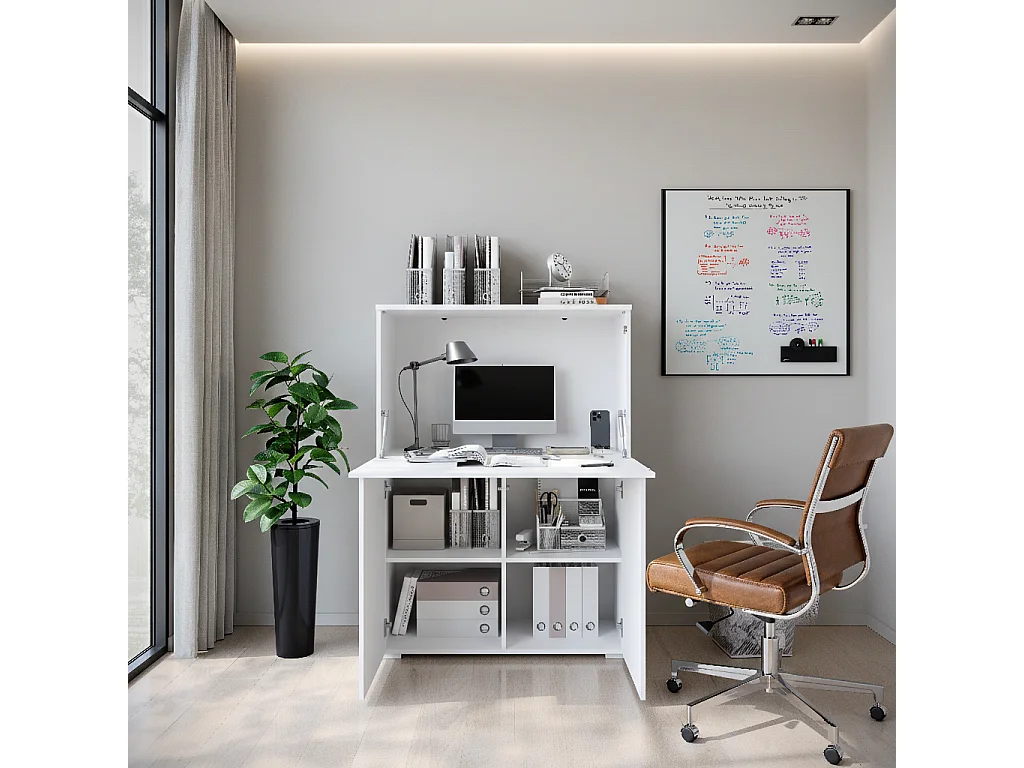 Meuble avec fonction bureau MINIO Go For It VEVE OFFICE 90 avec éclairage LED, blanc / blanc brillant, 1 pièce
