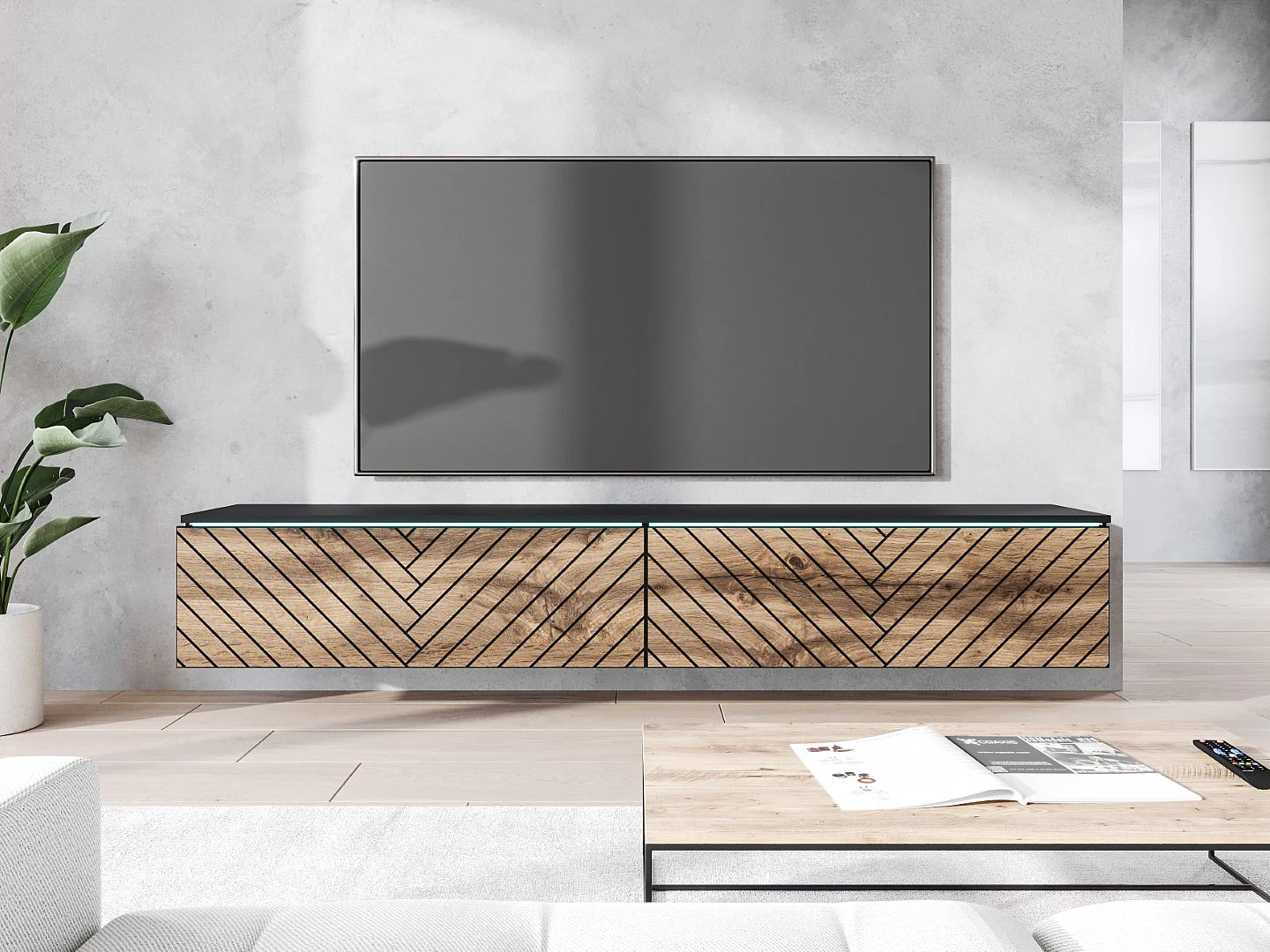 TV-meubel DONNA 180 grafiet zwart/wotan eiken MDF met visgraatmotief met LED