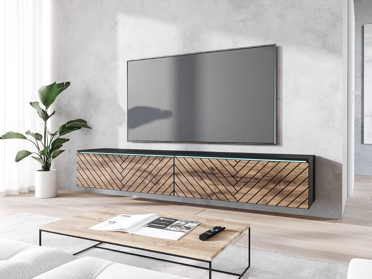 TV-meubel DONNA 180 grafiet zwart/wotan eiken MDF met visgraatmotief met LED