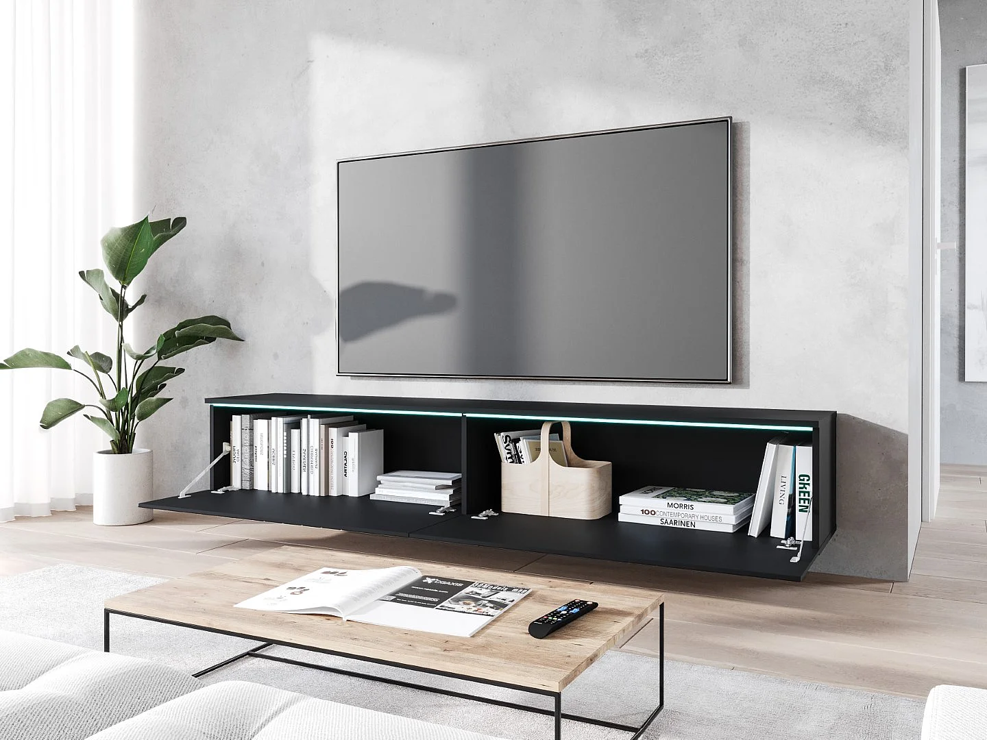TV-meubel DONNA 180 grafiet zwart/wotan eiken MDF met visgraatmotief met LED