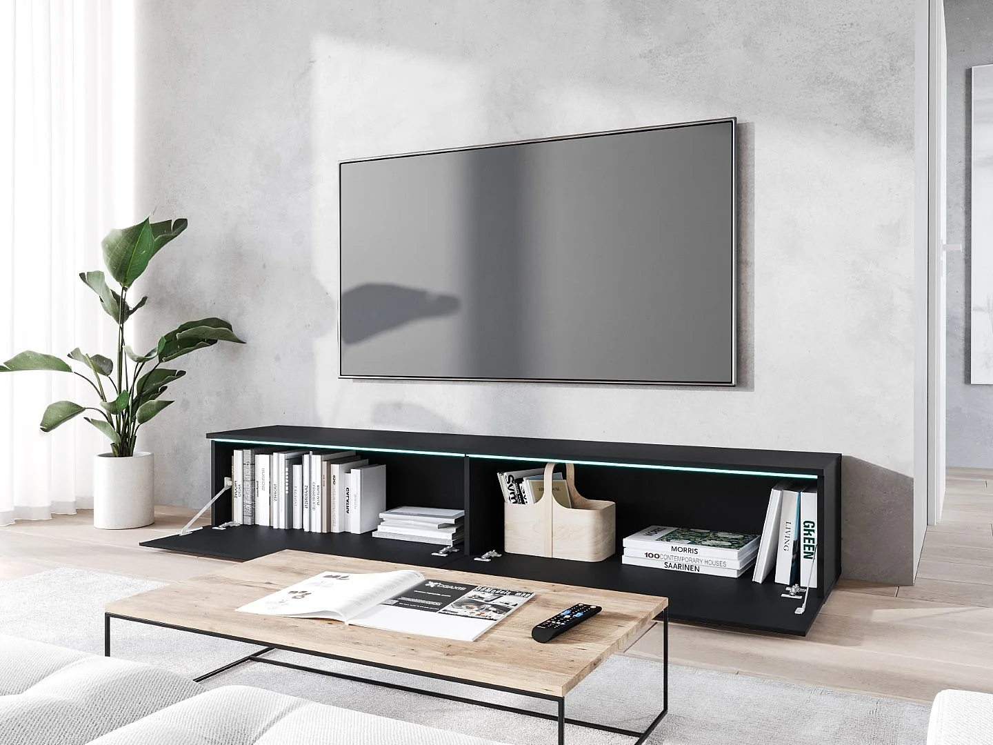 TV-meubel DONNA 180 grafiet zwart/wotan eiken MDF met visgraatmotief met LED