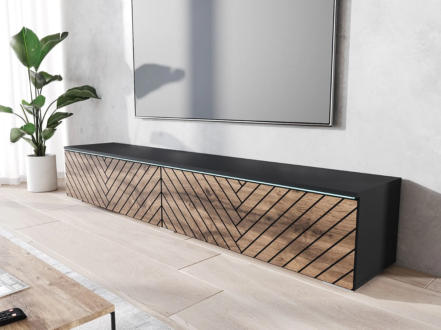 TV-meubel DONNA 180 grafiet zwart/wotan eiken MDF met visgraatmotief met LED