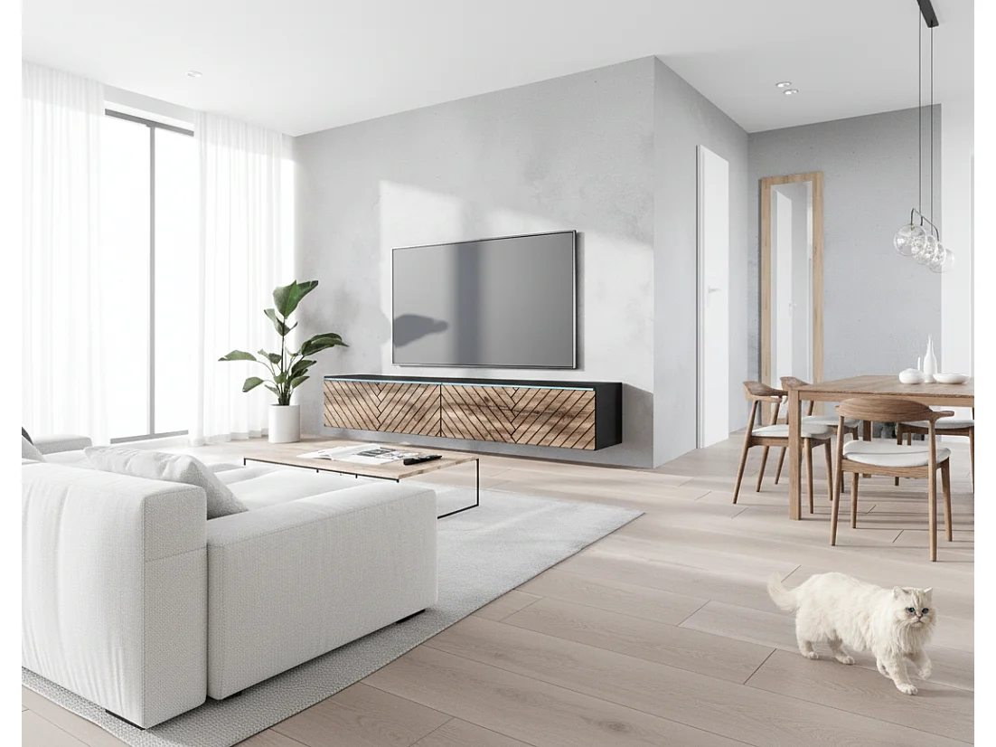 TV-meubel DONNA 180 grafiet zwart/wotan eiken MDF met visgraatmotief met LED
