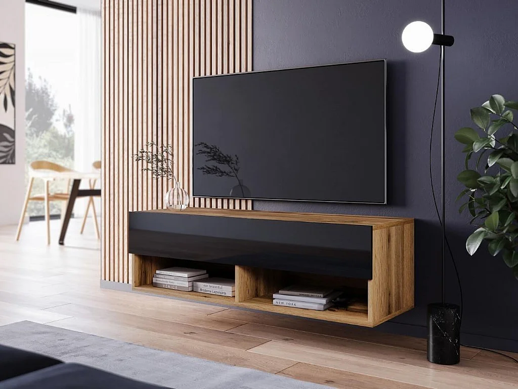 TV-Schrank 100x30x33 cm, Lowboard, mit Türen und Offene Nischen, Farbe: Wotan Eiche / Schwarz Hochglanz