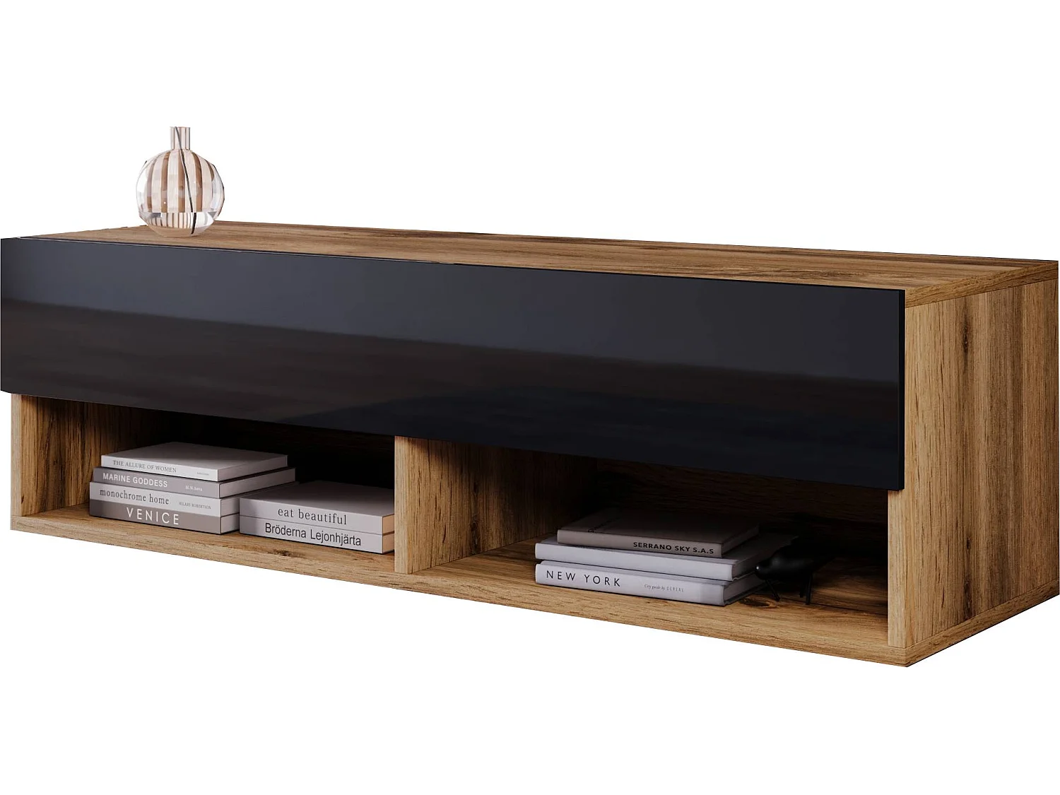 TV-Schrank 100x30x33 cm, Lowboard, mit Türen und Offene Nischen, Farbe: Wotan Eiche / Schwarz Hochglanz