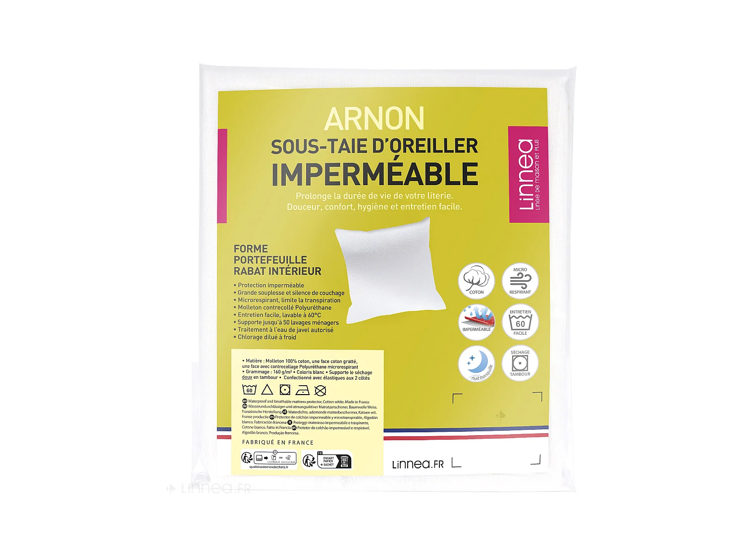 Housse de protection d'oreiller imperméable 60x60 cm ARNON molleton coton contrecollé polyuréthane