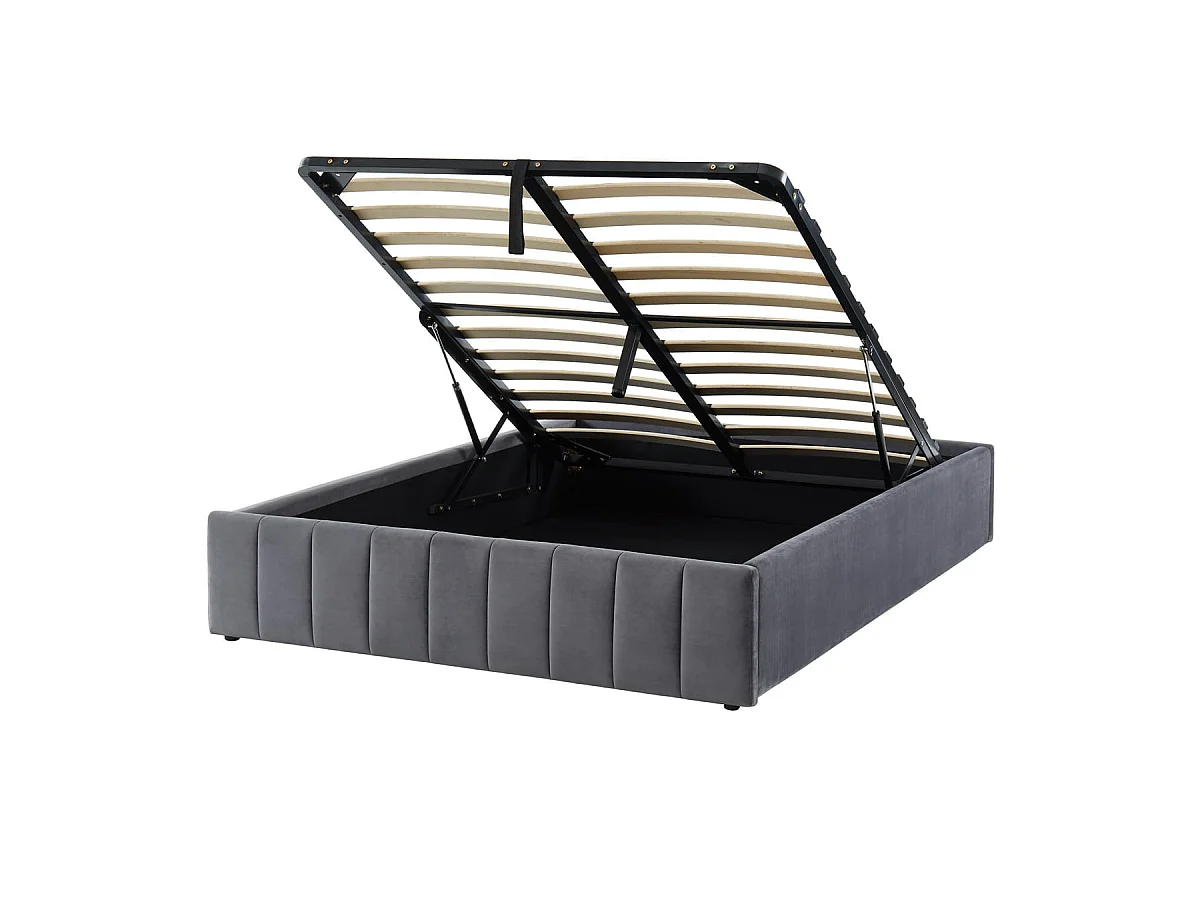 Lit coffre 140x190cm en velours gris anthracite + sommier relevable à lattes - Collection Ava