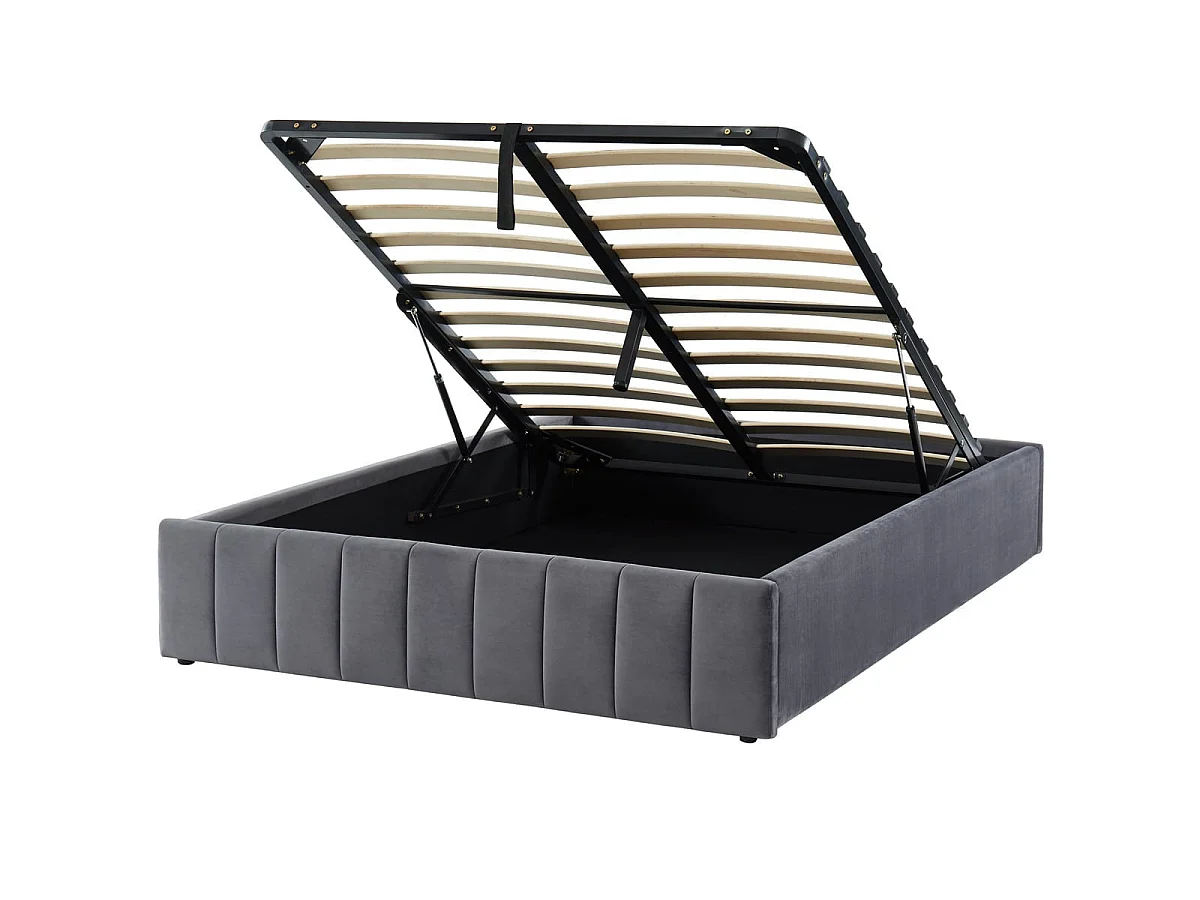 Lit coffre 140x190cm en velours gris anthracite + sommier relevable à lattes - Collection Ava