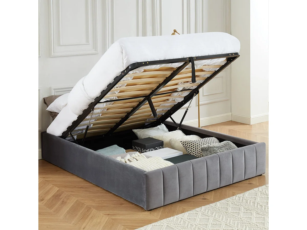 Lit coffre 140x190cm en velours gris anthracite + sommier relevable à lattes - Collection Ava