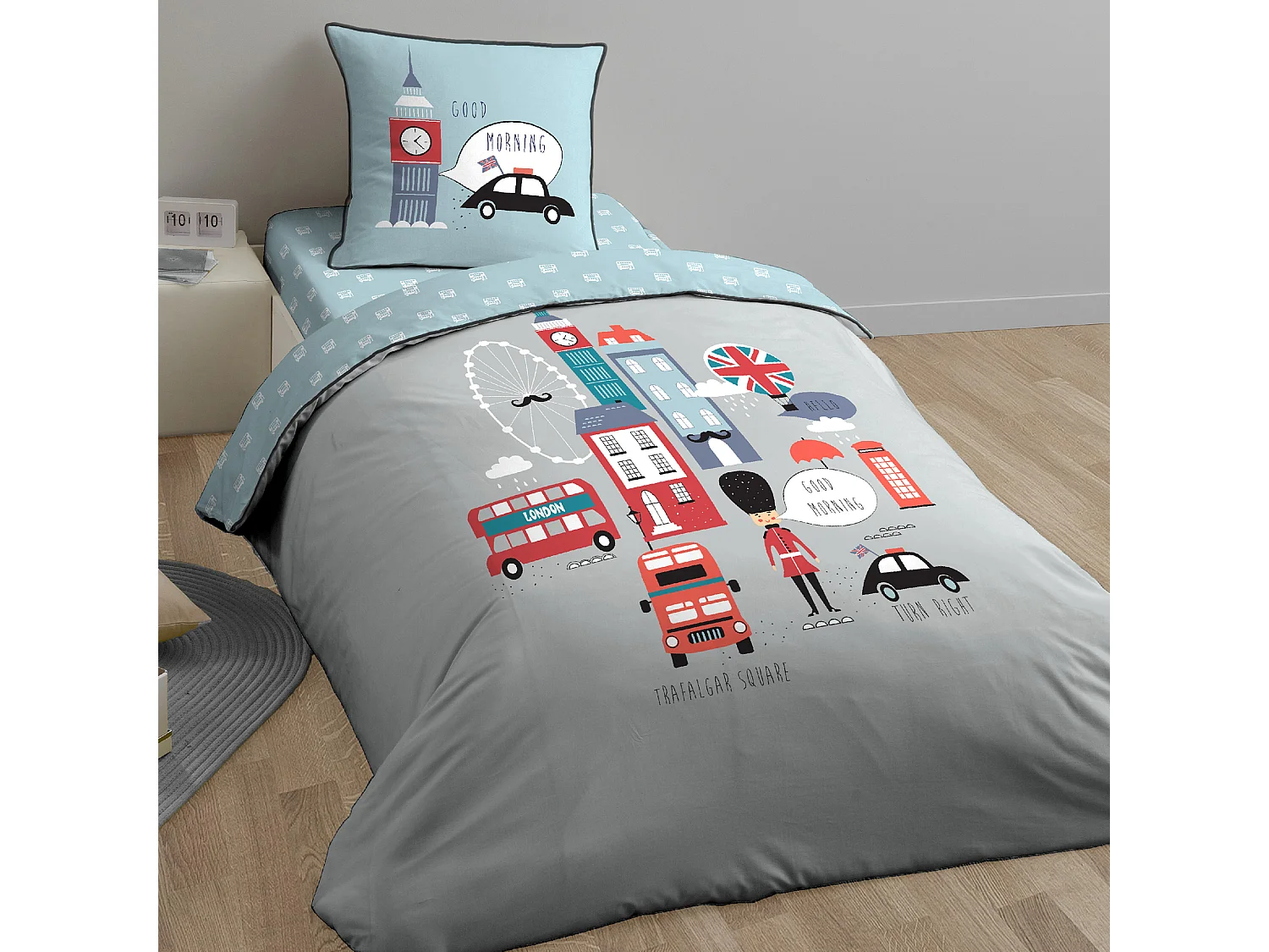 Parure de lit 140x200 cm coton BRITISH MORNING Gris