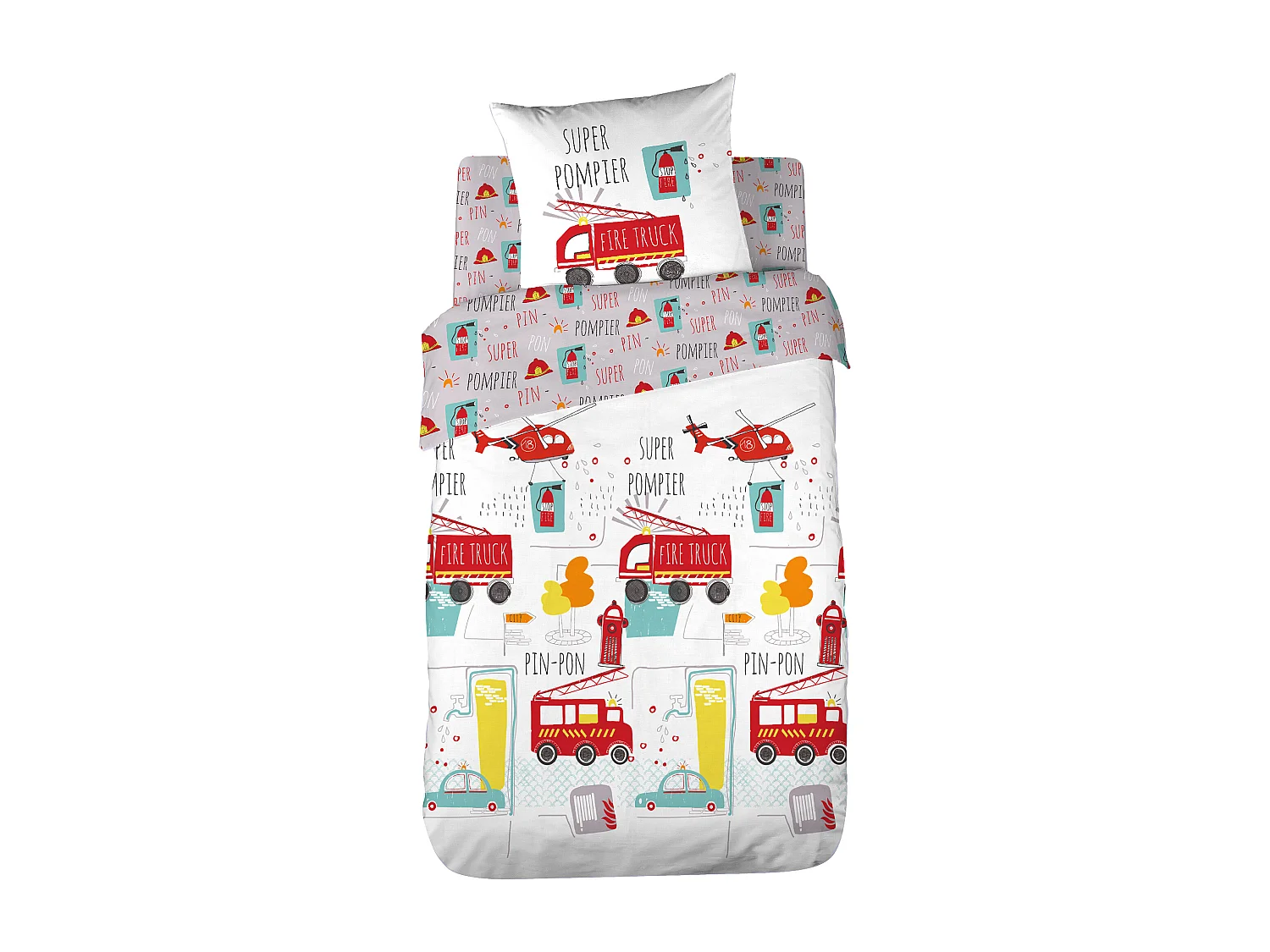 Parure de lit 140x200 cm coton FIRE TRUCKS Rouge