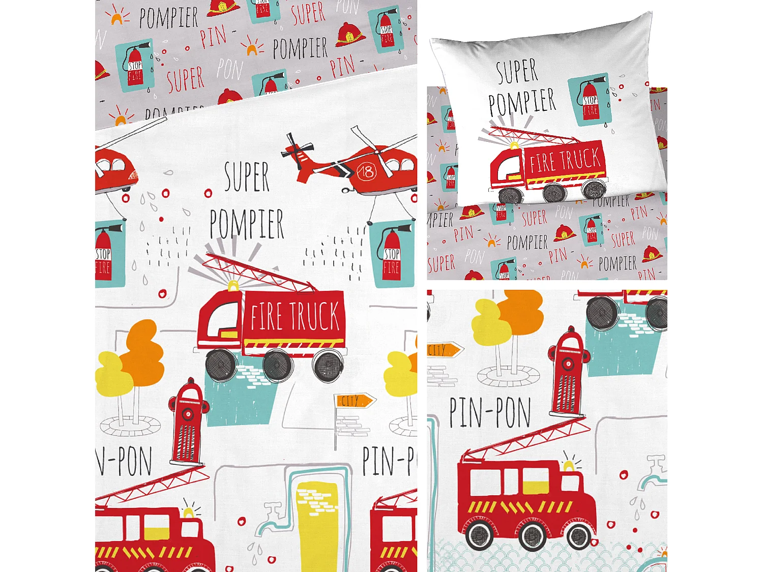 Parure de lit 140x200 cm coton FIRE TRUCKS Rouge