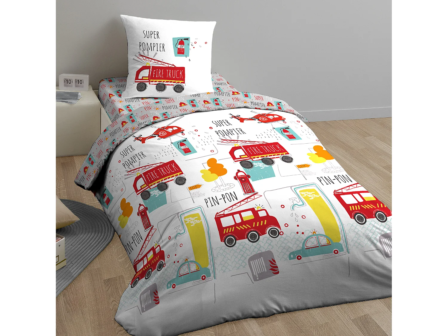 Parure de lit 140x200 cm coton FIRE TRUCKS Rouge