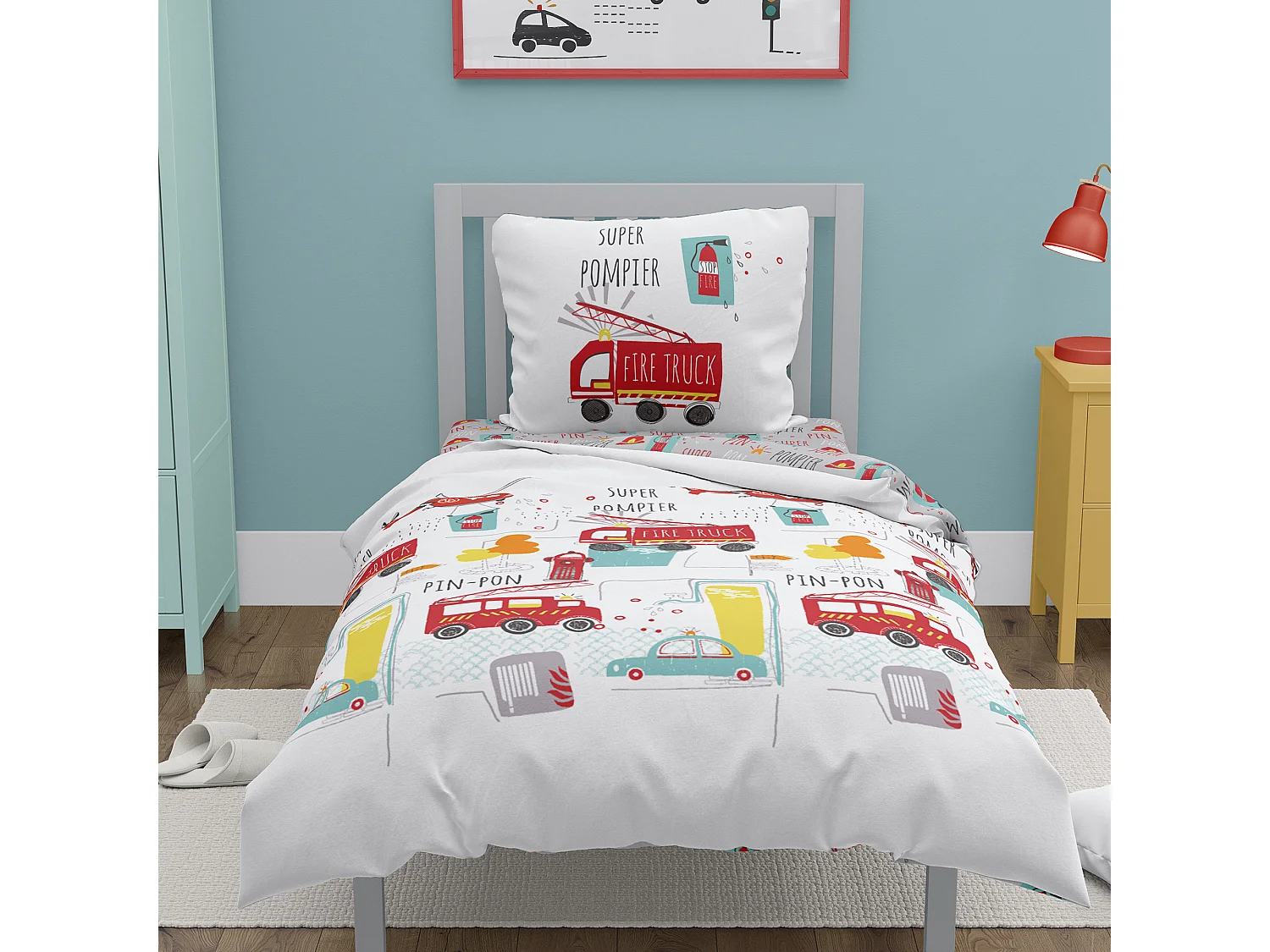 Parure de lit 140x200 cm coton FIRE TRUCKS Rouge
