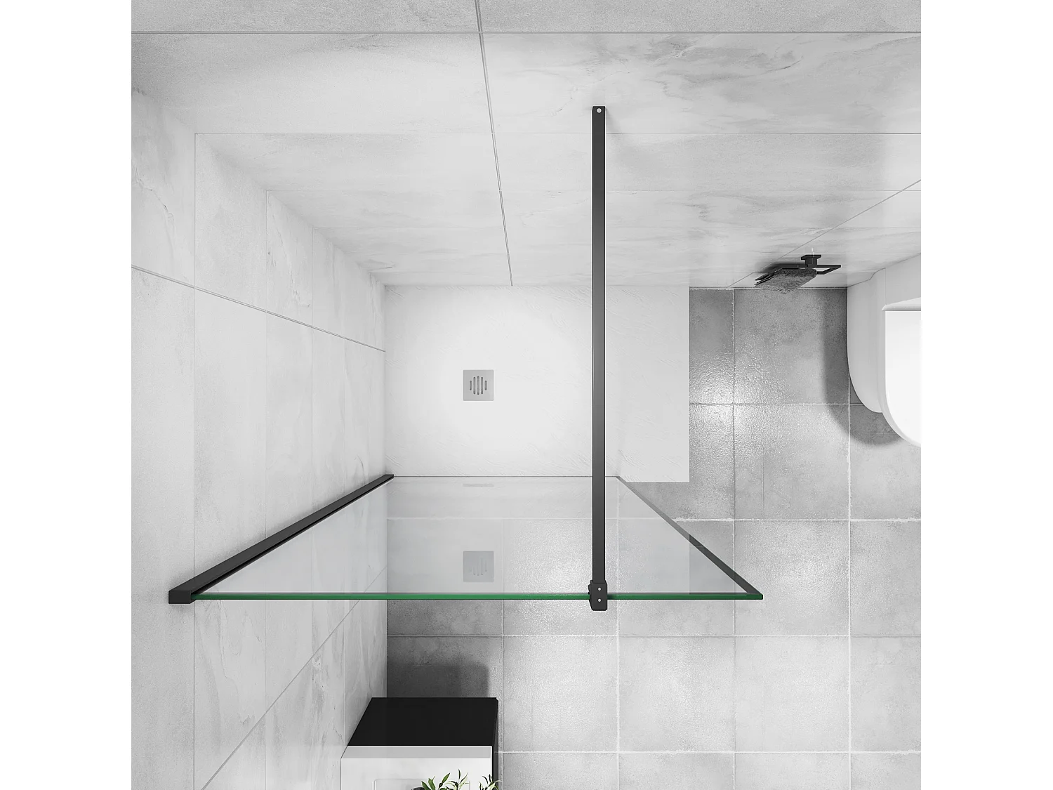 Paroi de douche noire 140x200cm à l'italienne avec barre de fixation noire 140cm en carré, en 8mm verre trempé anticalcaire
