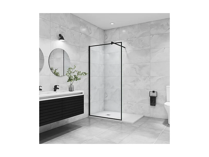 Paroi de douche noire 90x200cm à l'italienne avec barre de fixation noire 140cm en carré, en 8mm verre trempé anticalcaire