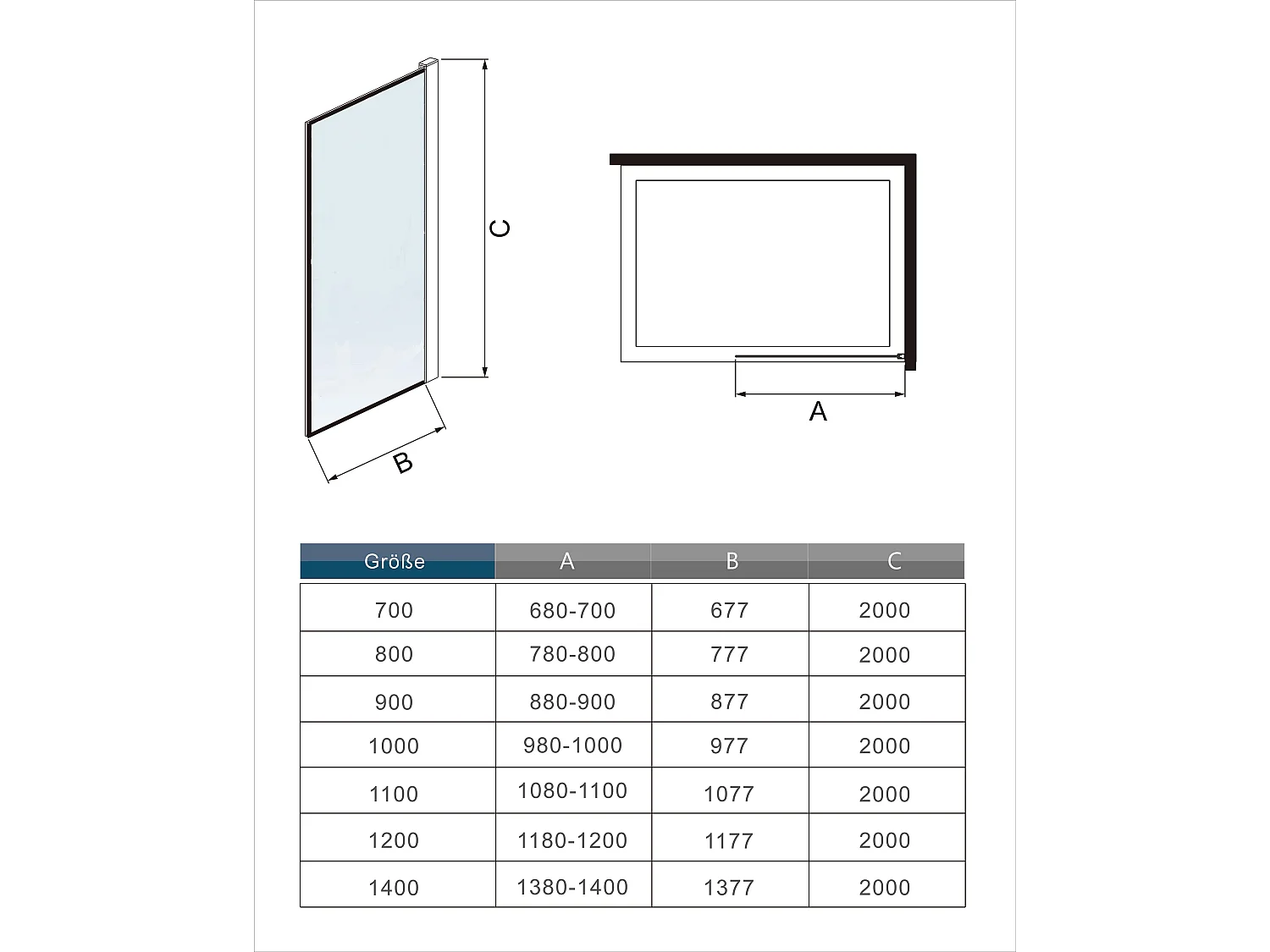Paroi de douche noire 120x200cm à l'italienne avec barre de fixation noire 140cm en carré, en 8mm verre trempé anticalcaire