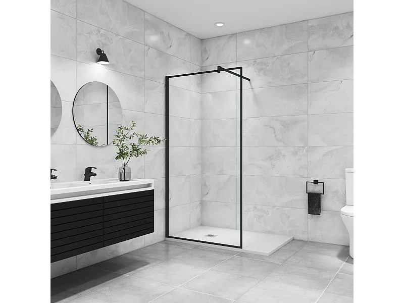 Zwarte douchewand 100x200cm Italiaanse stijl met zwarte bevestigingsstang 140cm vierkant, in 8mm antikalk gehard glas