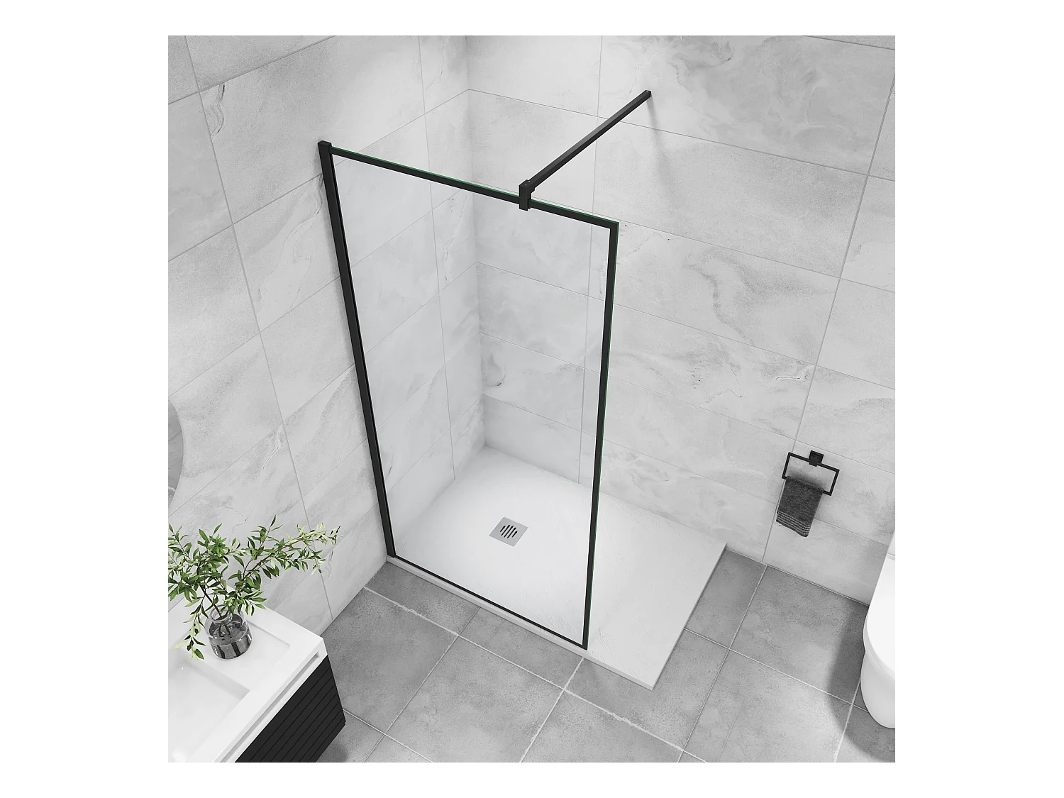 Paroi de douche noire 80x200cm à l'italienne avec barre de fixation noire 90cm en carré, en 8mm verre trempé anticalcaire