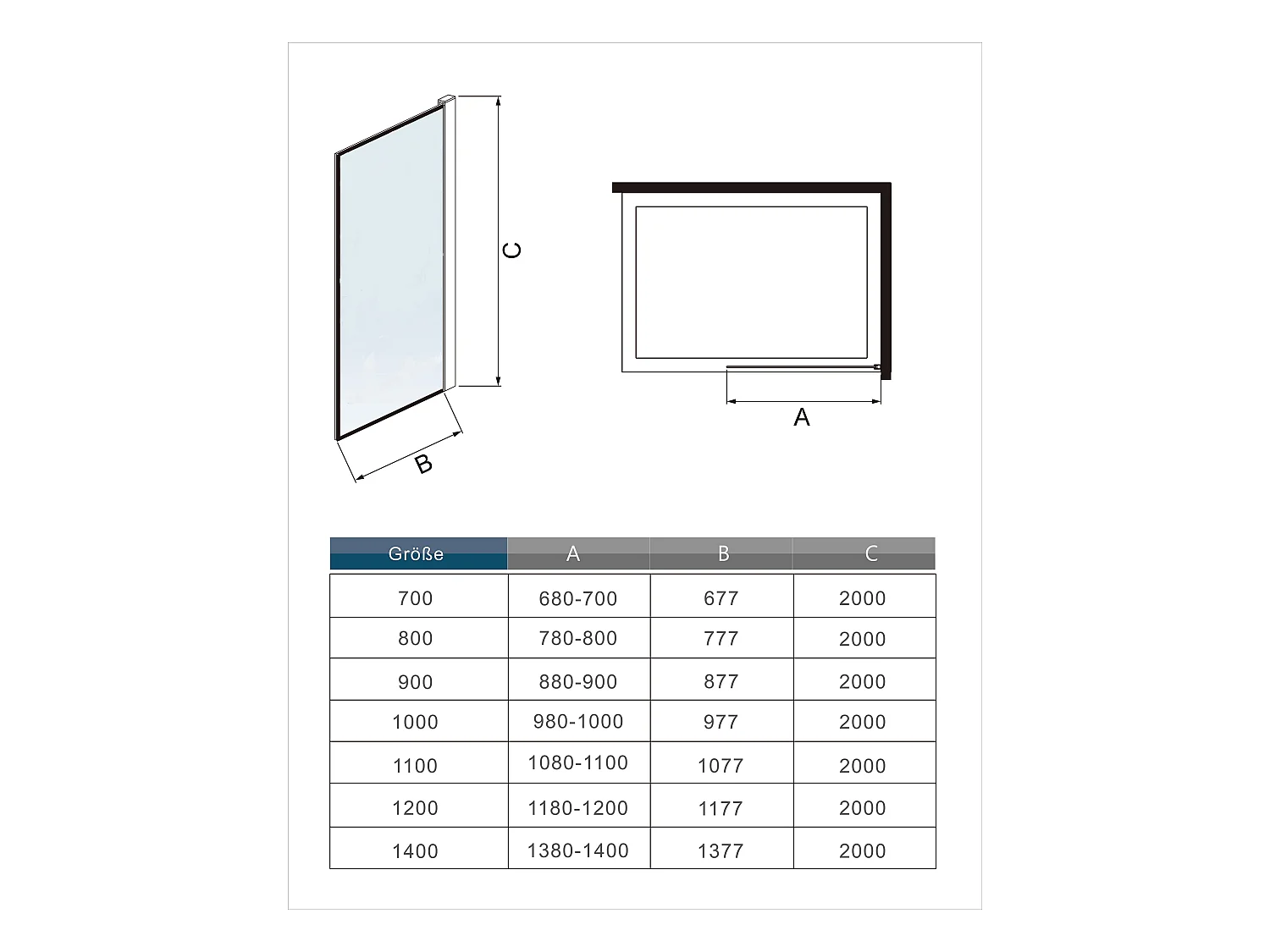 Paroi de douche noire 80x200cm à l'italienne avec barre de fixation noire 90cm en carré, en 8mm verre trempé anticalcaire