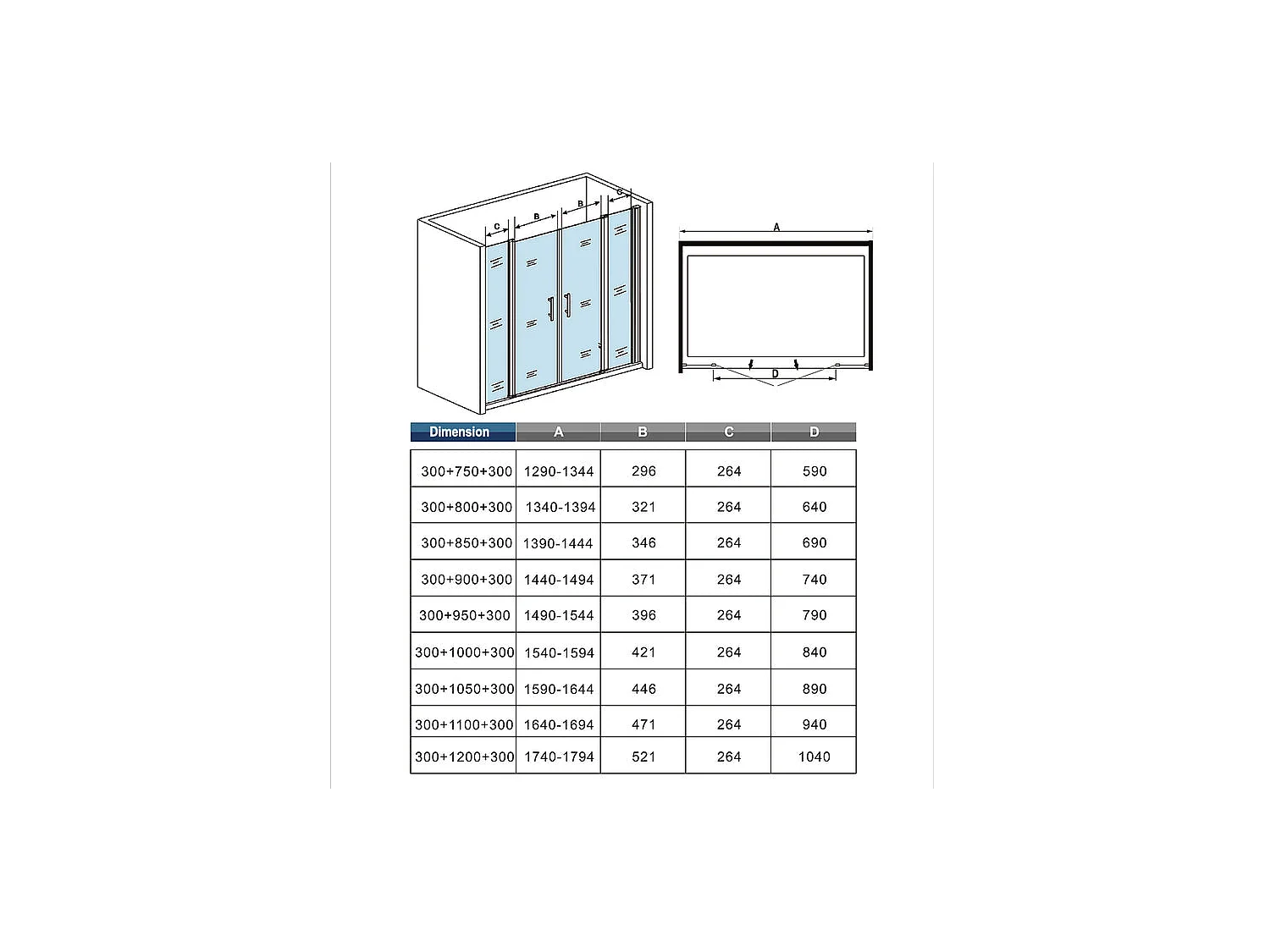 Draaiende douchedeur hoogte 187cm, verstelbare breedte 139 tot 144,4cm, draaiwand 180° met 2 bevestigingselementen -6mm transparant glas