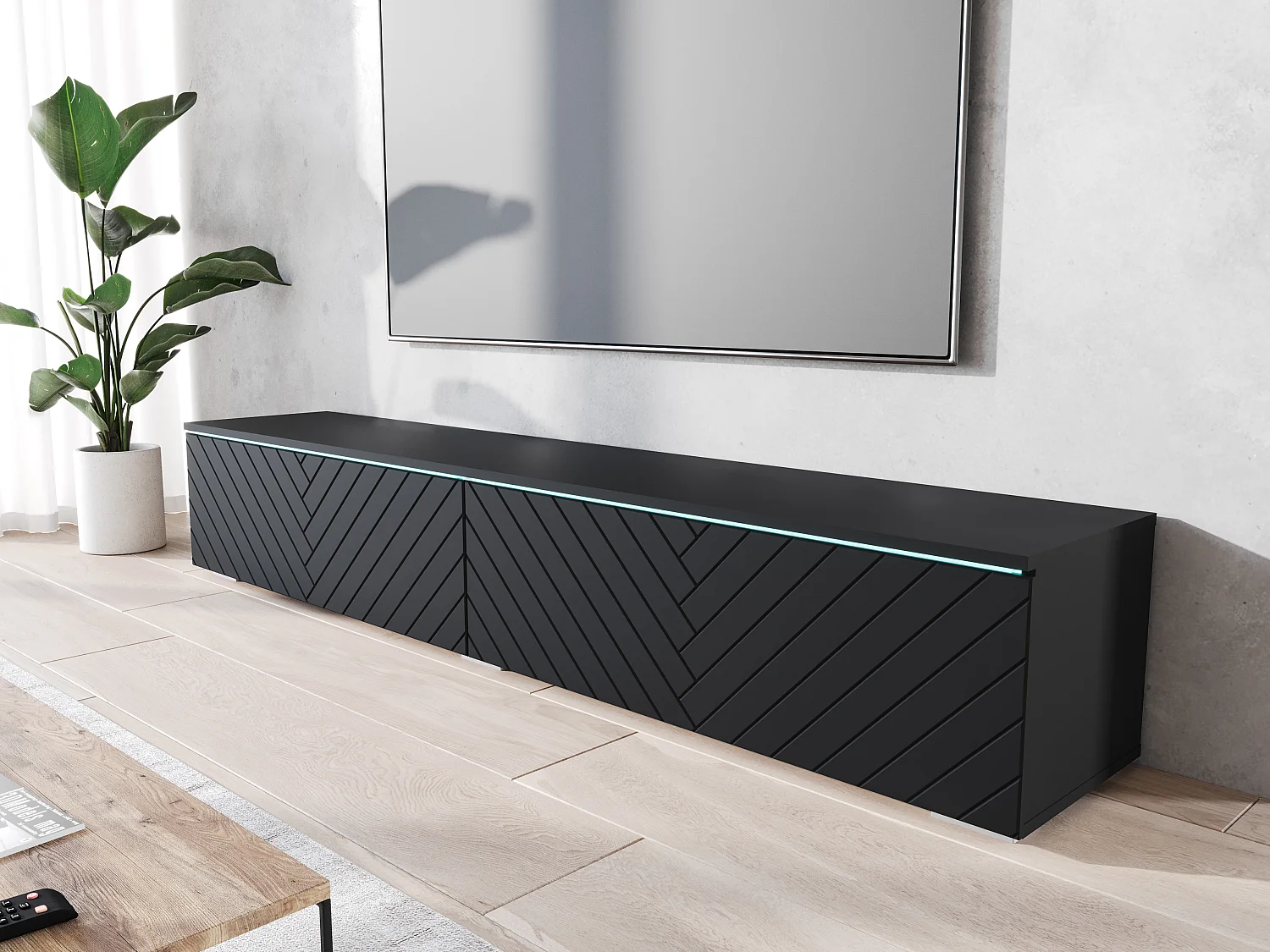 Meuble TV DONNA 180 noir graphite/noir MDF motif à chevrons
