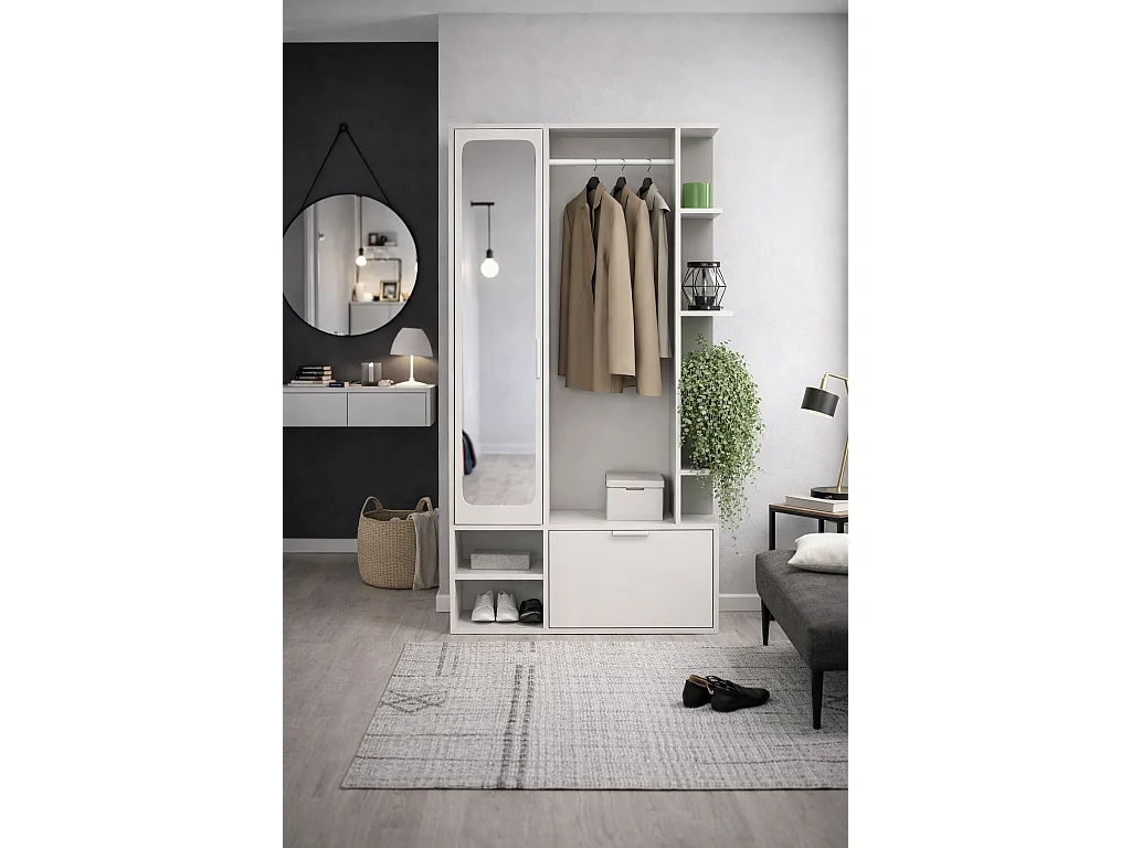 NIVALA Flurgarderobe mit Spiegel und Schuhschrank in Weiß