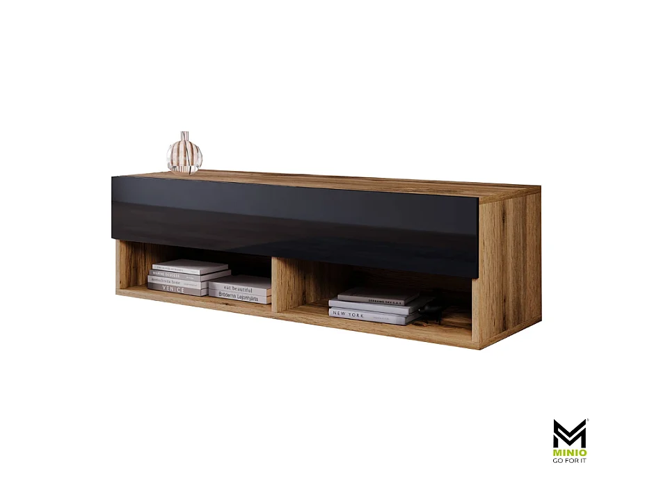 TV-Schrank 100x30x33 cm, Lowboard, mit Türen und Offene Nischen, Farbe: Wotan Eiche / Schwarz Hochglanz - mit LED Beleuchtung