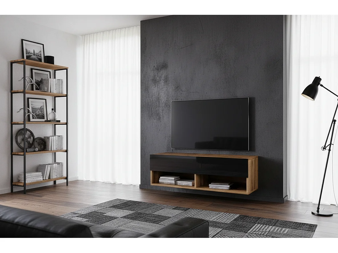 TV-Schrank 100x30x33 cm, Lowboard, mit Türen und Offene Nischen, Farbe: Wotan Eiche / Schwarz Hochglanz - mit LED Beleuchtung