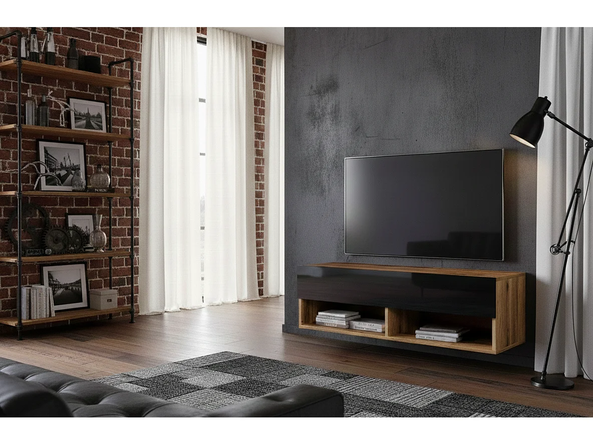 TV-Schrank 100x30x33 cm, Lowboard, mit Türen und Offene Nischen, Farbe: Wotan Eiche / Schwarz Hochglanz - mit LED Beleuchtung