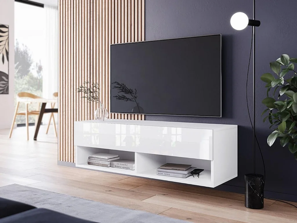 TV-Schrank 100x30x33 cm, Lowboard, mit Türen und Offene Nischen, Farbe: Weiß  mat / Weiß Hochglanz - mit LED Beleuchtung