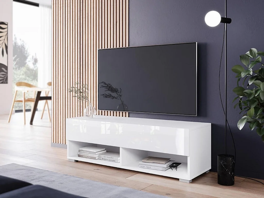 TV-Schrank 100x30x33 cm, Lowboard, mit Türen und Offene Nischen, Farbe: Weiß  mat / Weiß Hochglanz - mit LED Beleuchtung