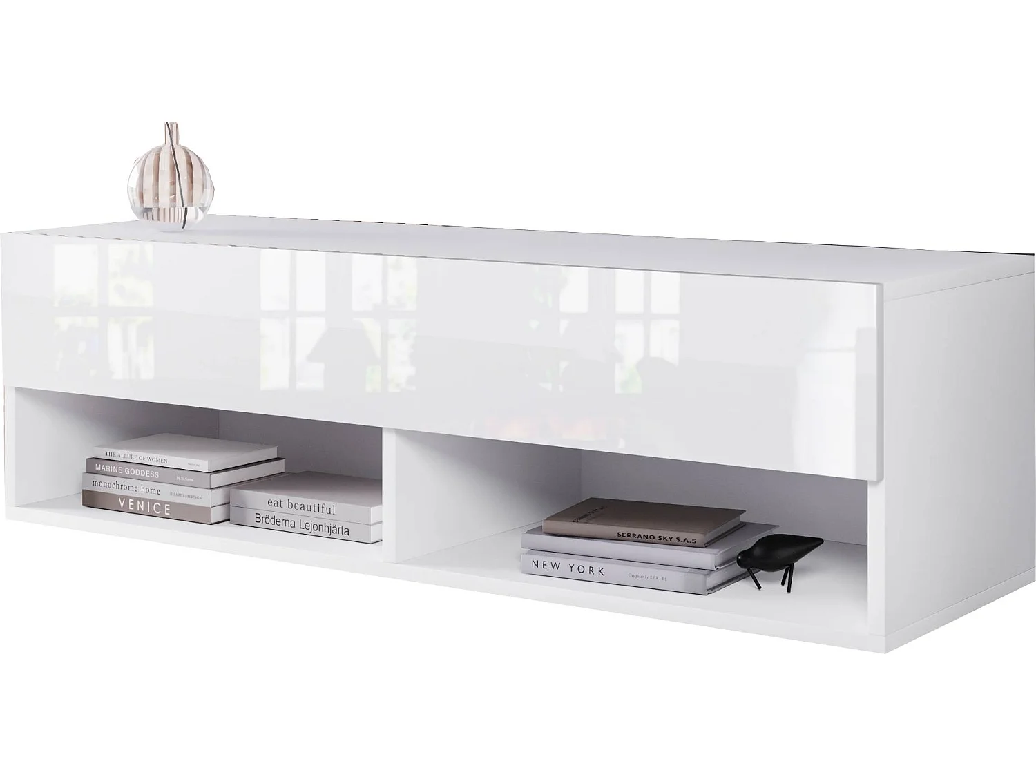 TV-Schrank 100x30x33 cm, Lowboard, mit Türen und Offene Nischen, Farbe: Weiß  mat / Weiß Hochglanz - mit LED Beleuchtung