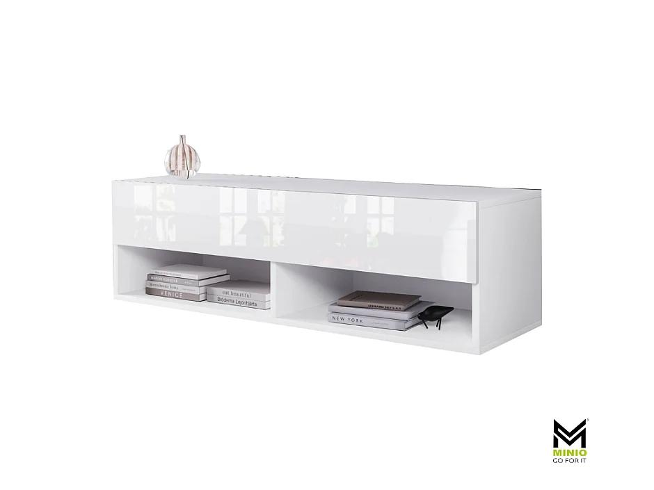 TV-Schrank 100x30x33 cm, Lowboard, mit Türen und Offene Nischen, Farbe: Weiß  mat / Weiß Hochglanz - mit LED Beleuchtung