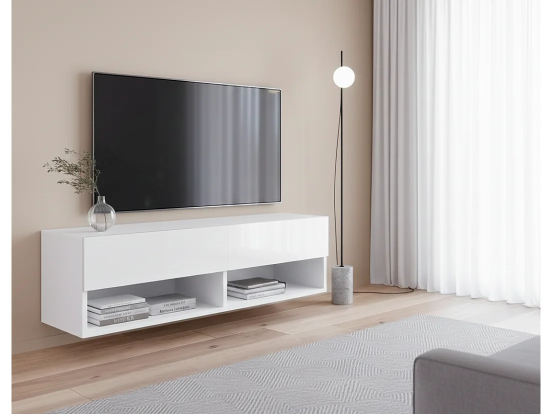 TV-Schrank 100x30x33 cm, Lowboard, mit Türen und Offene Nischen, Farbe: Weiß  mat / Weiß Hochglanz - mit LED Beleuchtung