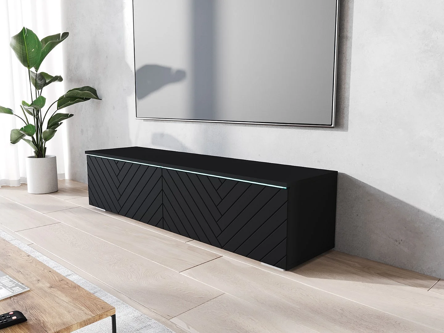 TV-Lowboard DONNA 140 Graphitschwarz/Schwarz MDF mit Fischgrätmuster mit LED-Beleuchtung