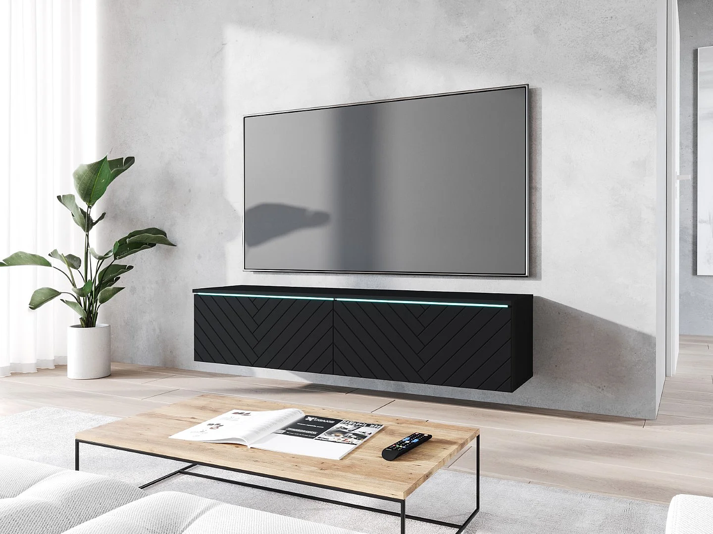 TV-Lowboard DONNA 140 Graphitschwarz/Schwarz MDF mit Fischgrätmuster mit LED-Beleuchtung