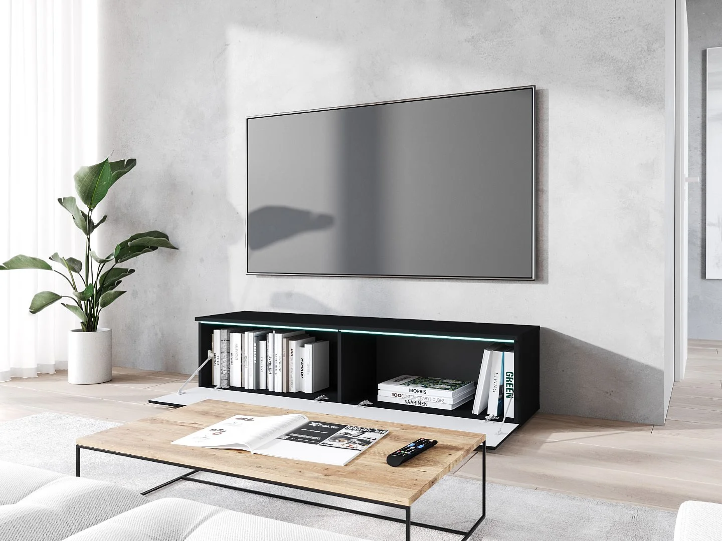 TV-Lowboard DONNA 140 Graphitschwarz/Schwarz MDF mit Fischgrätmuster mit LED-Beleuchtung