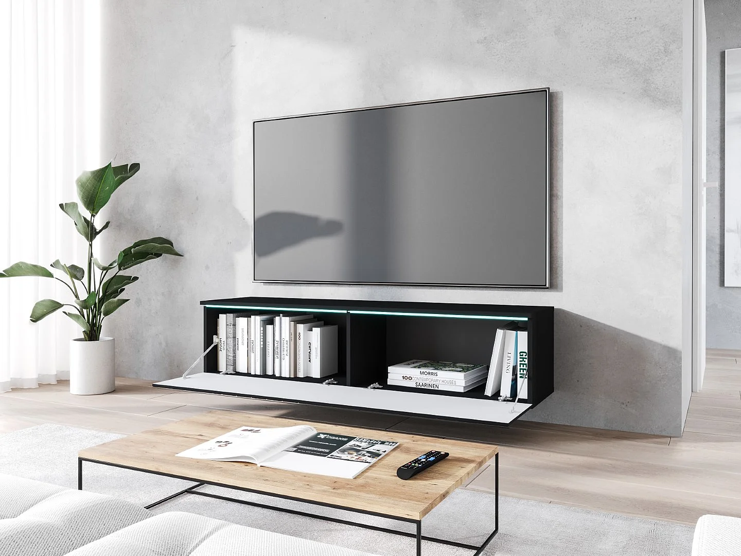 TV-Lowboard DONNA 140 Graphitschwarz/Schwarz MDF mit Fischgrätmuster mit LED-Beleuchtung