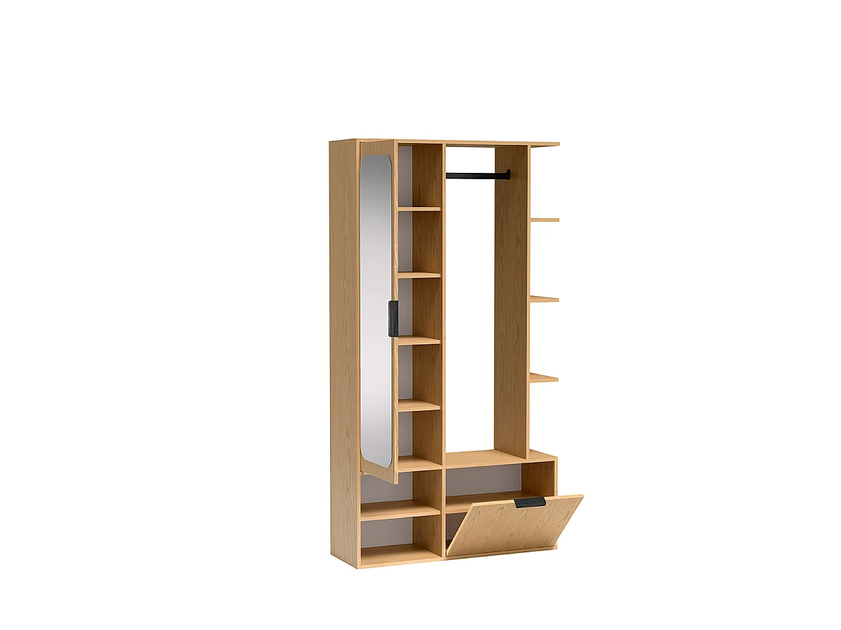 NIVALA Flurgarderobe mit Spiegel und Schuhschrank in Eiche Bookmatch