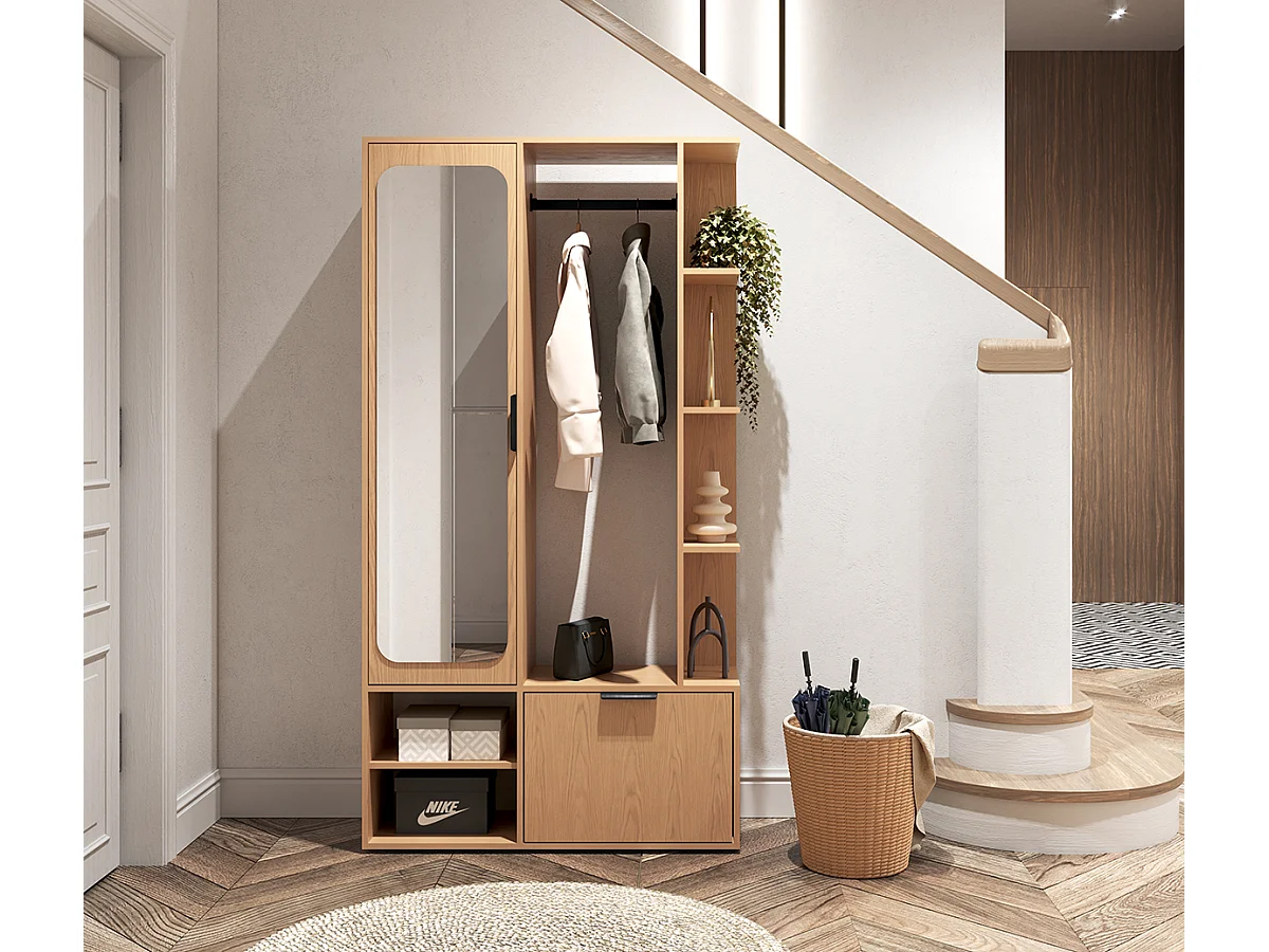 NIVALA Flurgarderobe mit Spiegel und Schuhschrank in Eiche Bookmatch