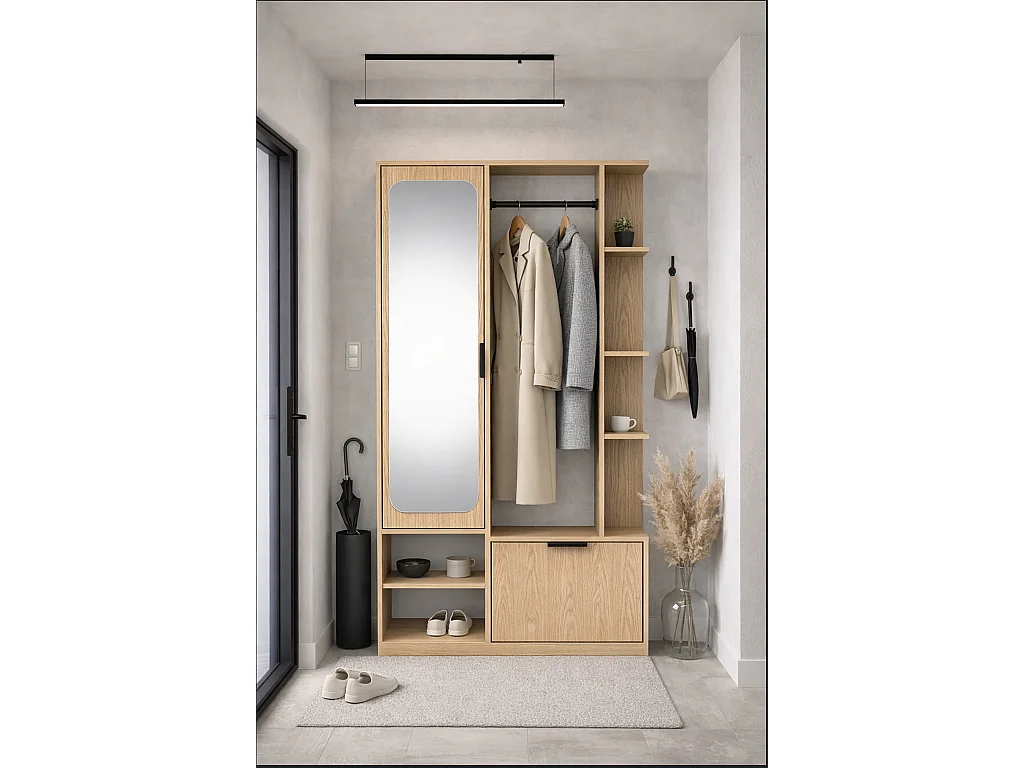 NIVALA Flurgarderobe mit Spiegel und Schuhschrank in Eiche Bookmatch