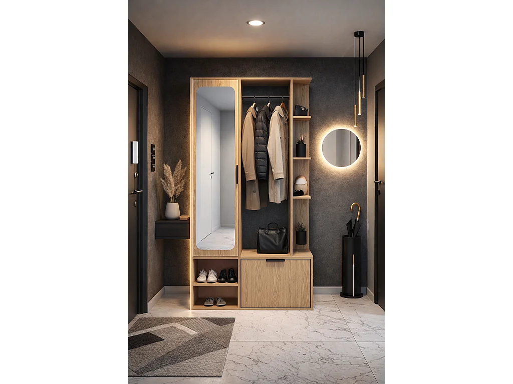 NIVALA Flurgarderobe mit Spiegel und Schuhschrank in Eiche Bookmatch