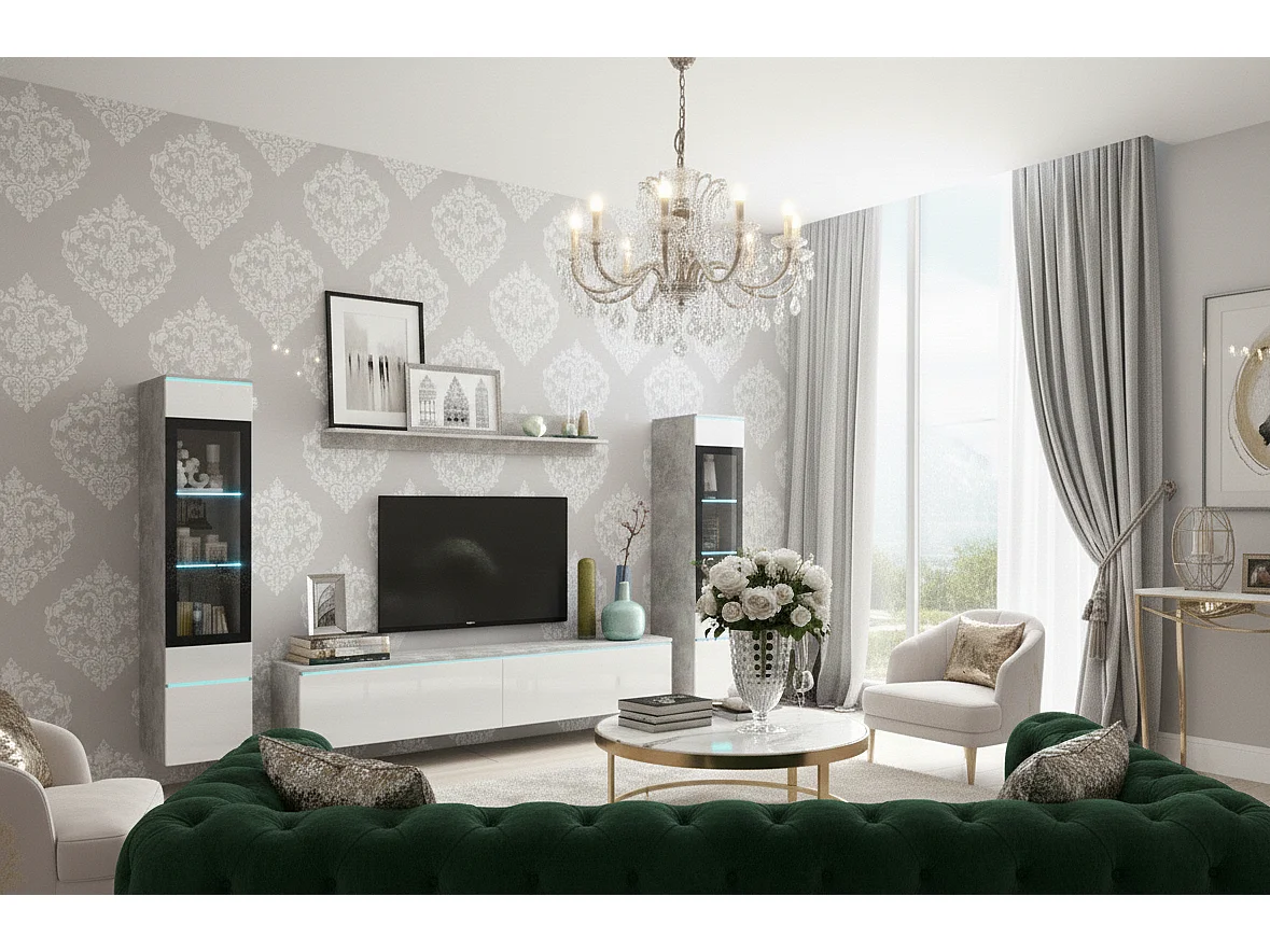 Meuble mural VEVE 2 couleur béton/blanc brillant avec éclairage