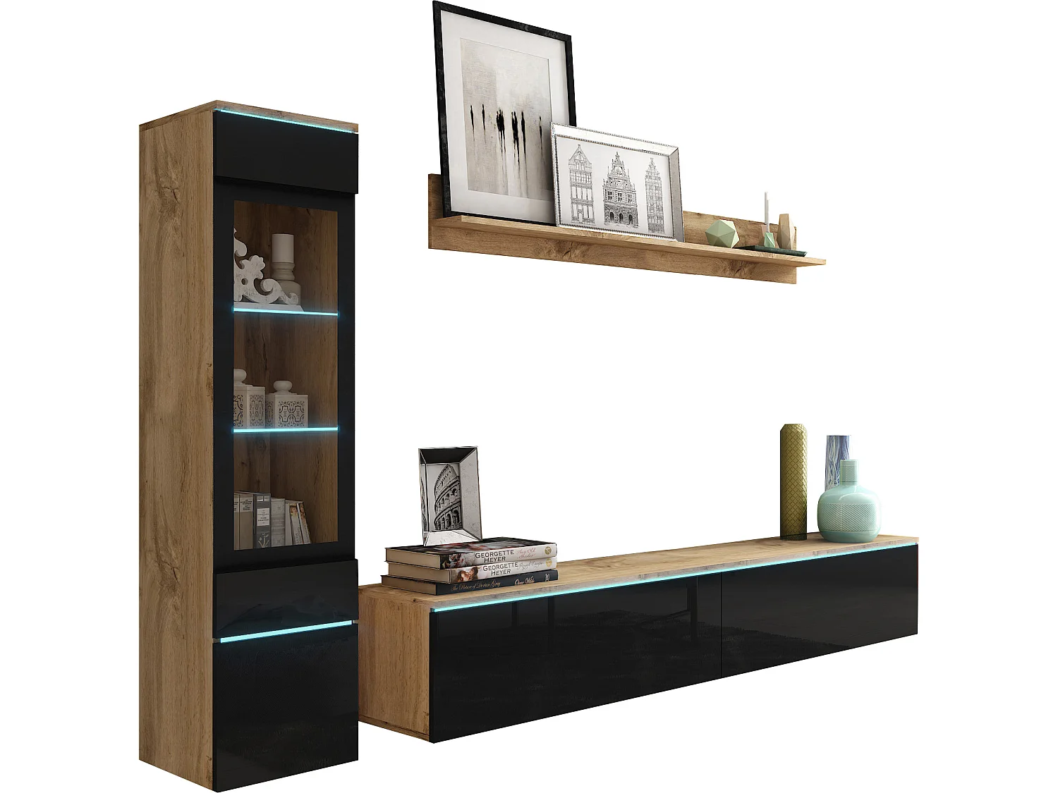 VEVE 1 Wandschrank in Wotan-Eiche/Hochglanzschwarz mit Beleuchtung