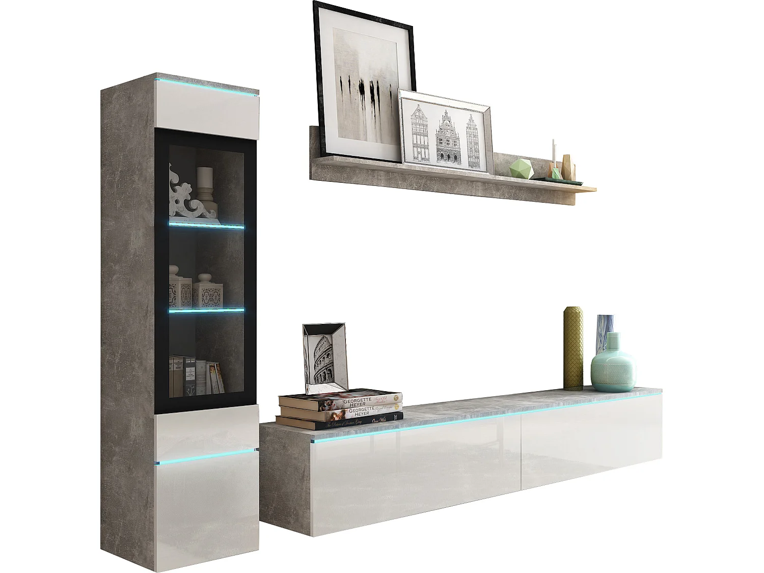 Meuble mural VEVE 1 couleur béton/blanc brillant avec éclairage